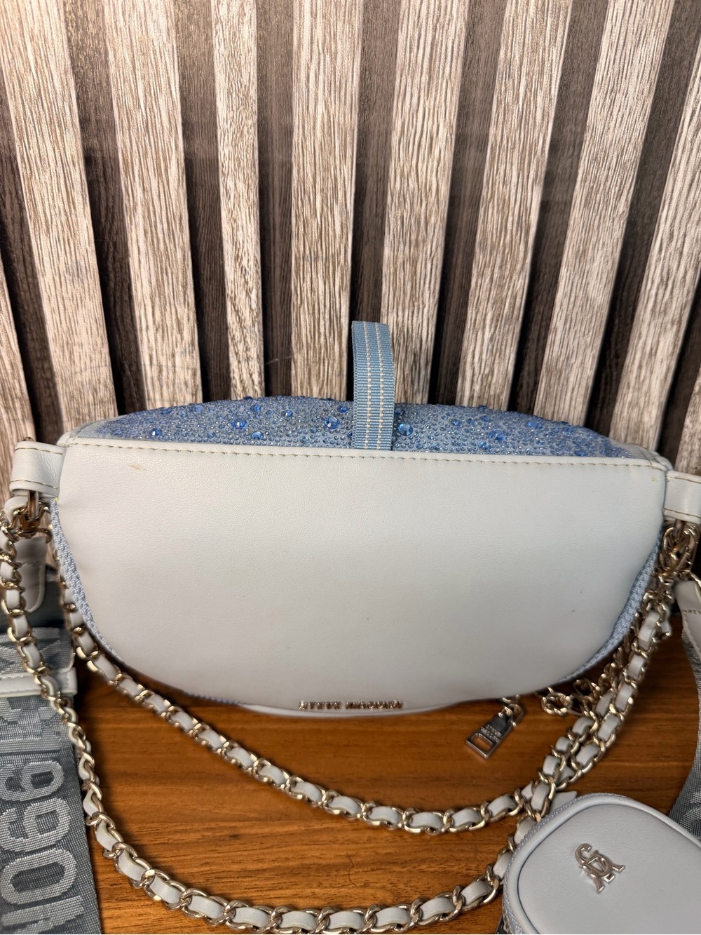 Steve Madden Light Blue Embellished Crossbody Bag with Chain Detail - Picture 12 of 16